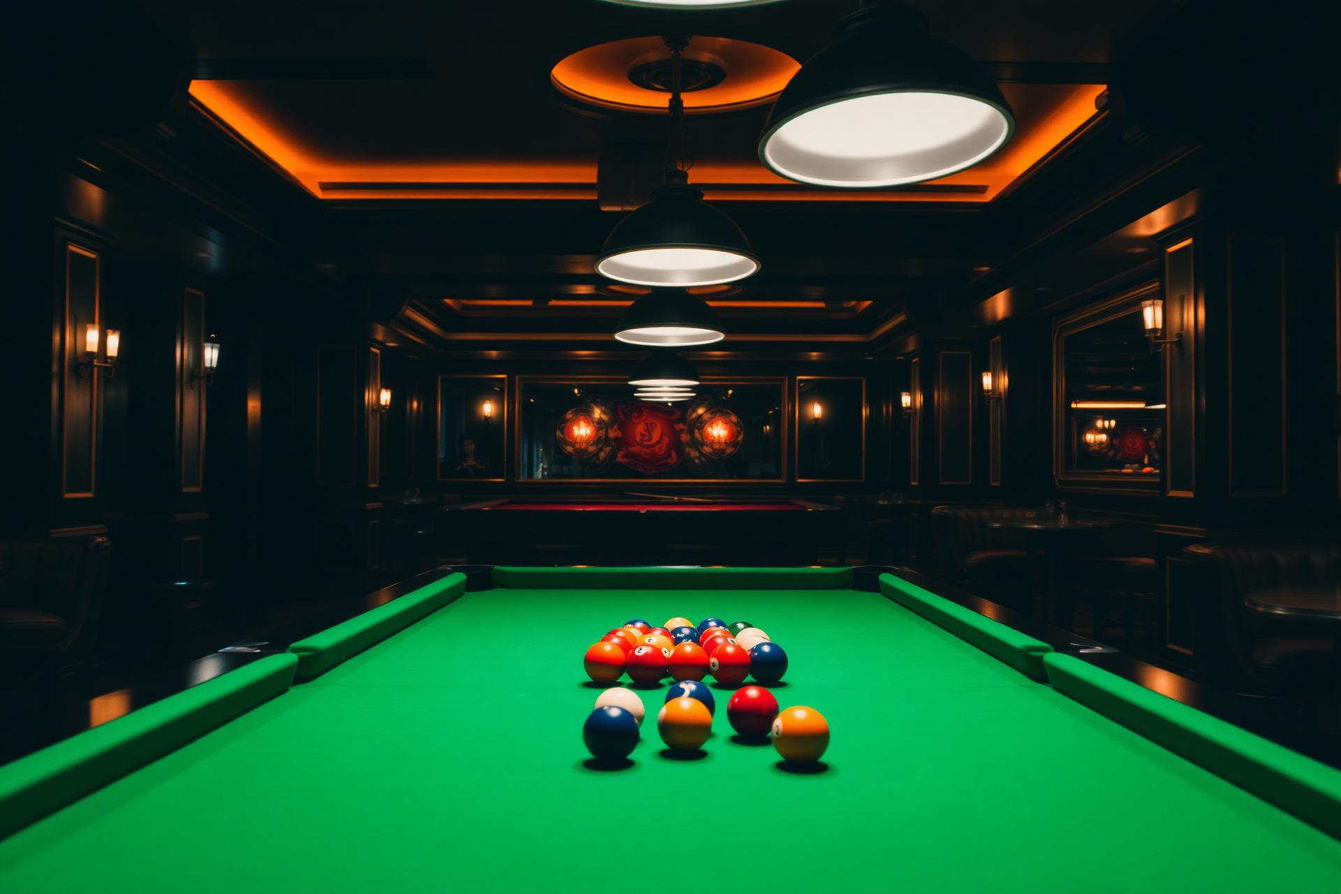 Sala biliardo con tavolo verde e palle colorate, atmosfera notturna elegante