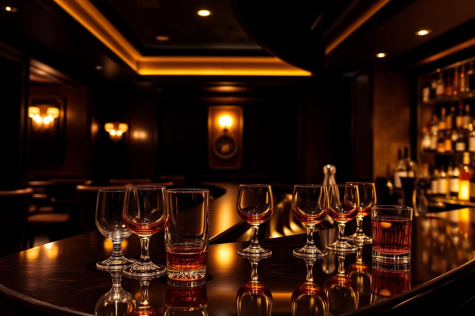 Bancone lounge bar con bicchieri ambrati e luce calda dorata